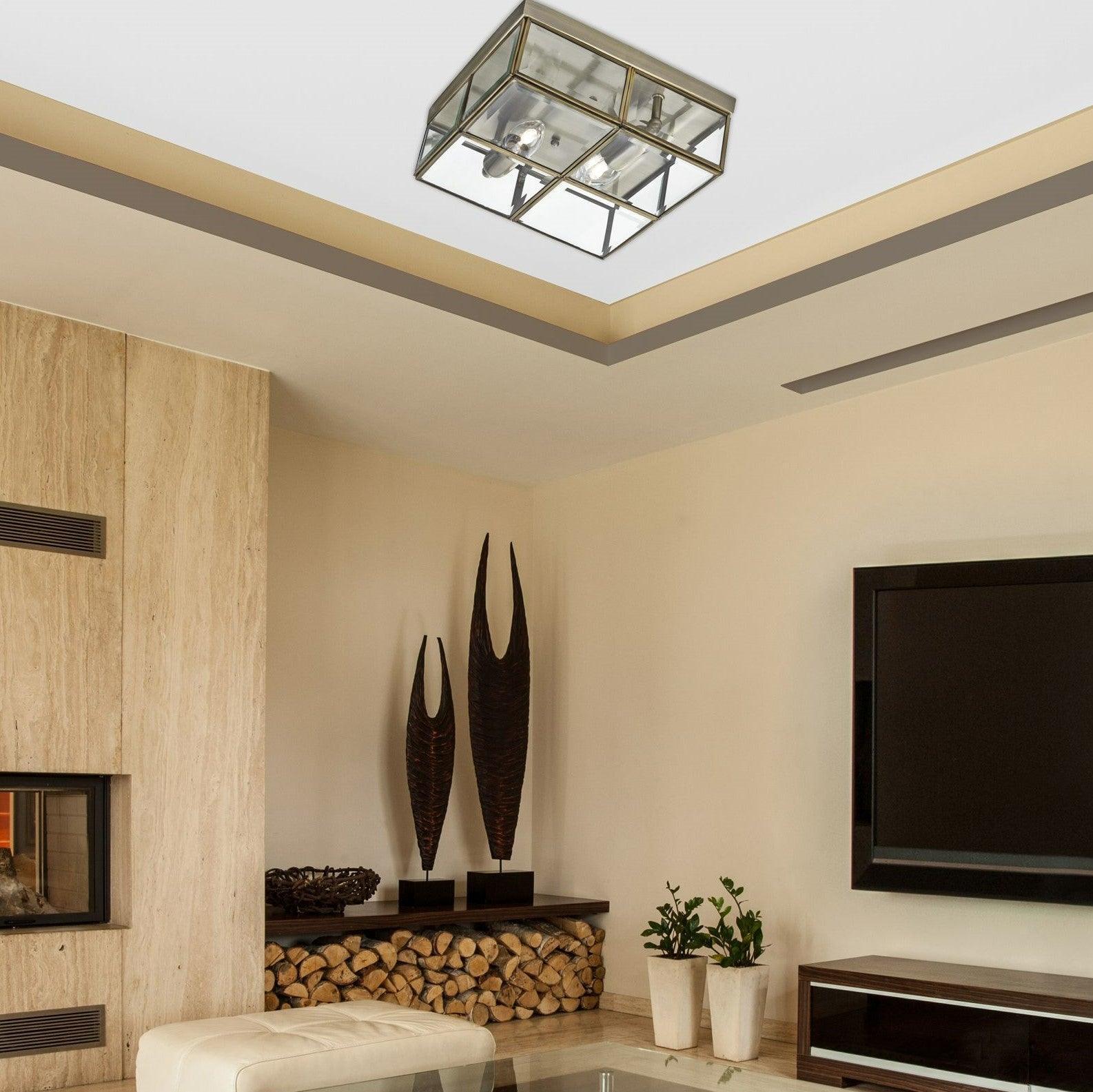 Searchlight Brass & Bevelled Glass Square Flush Ceiling Light-WAREHOUSE-40-100226