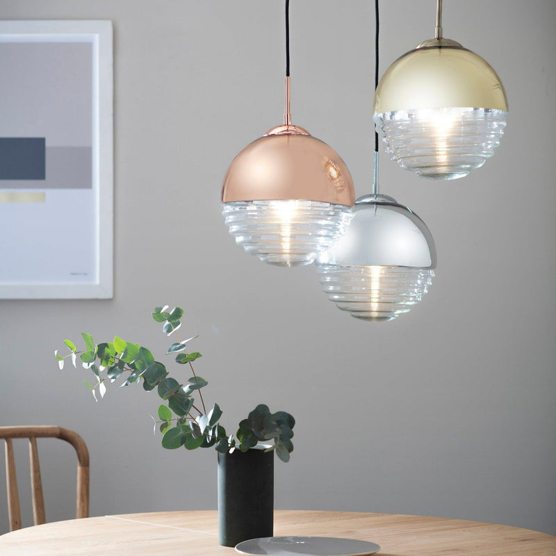 Endon Paloma 1 Light Ceiling Pendant - Copper & Ribbed Glass 68956 - Above table with Gold & Silver Versions