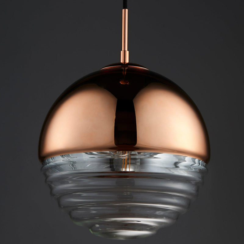 Endon Paloma 1 Light Ceiling Pendant - Copper & Ribbed Glass 68956 - unlit on a black background
