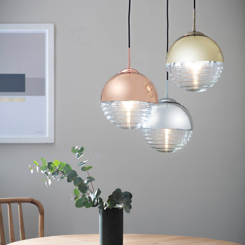 Paloma 1 Light Gold & Clear Ribbed Glass Ceiling Pendant 68958 - Lifestyle with Copper & Silver Version
