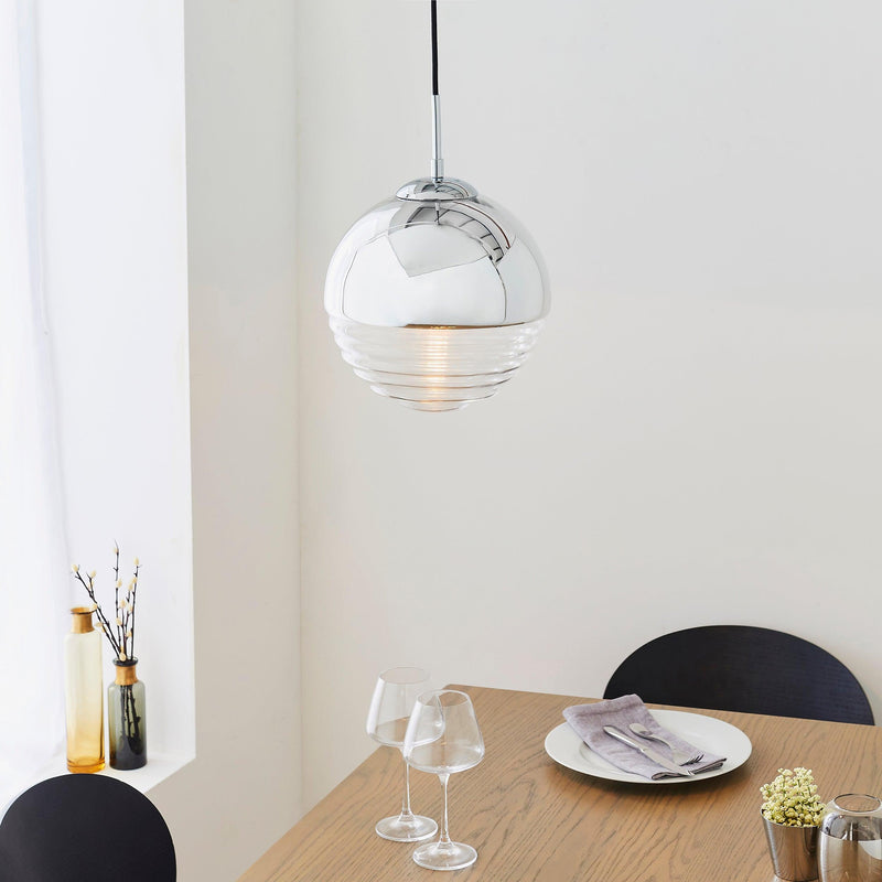 Paloma 1 Light Chrome & Clear Ribbed Glass Ceiling Pendant 68959 - Above Kitchen Table