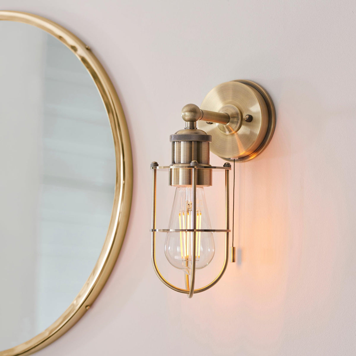 Weston Antique Brass Caged Bathroom Wall Light - Pull Cord-warehouse-180926
