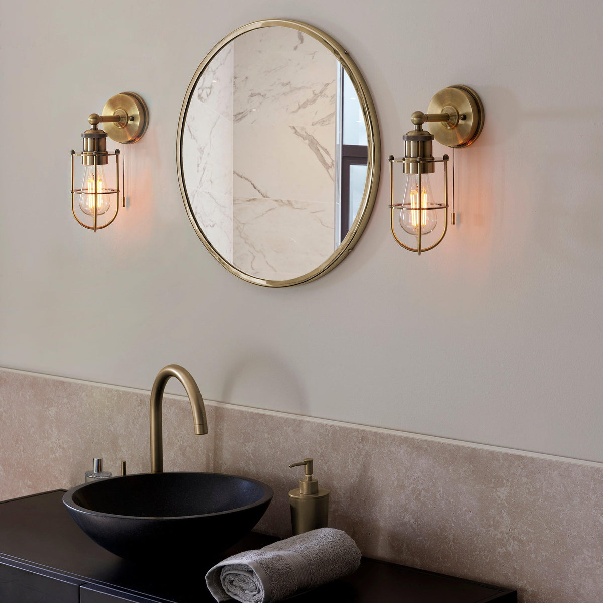 Weston Antique Brass Caged Bathroom Wall Light - Pull Cord-warehouse-180926
