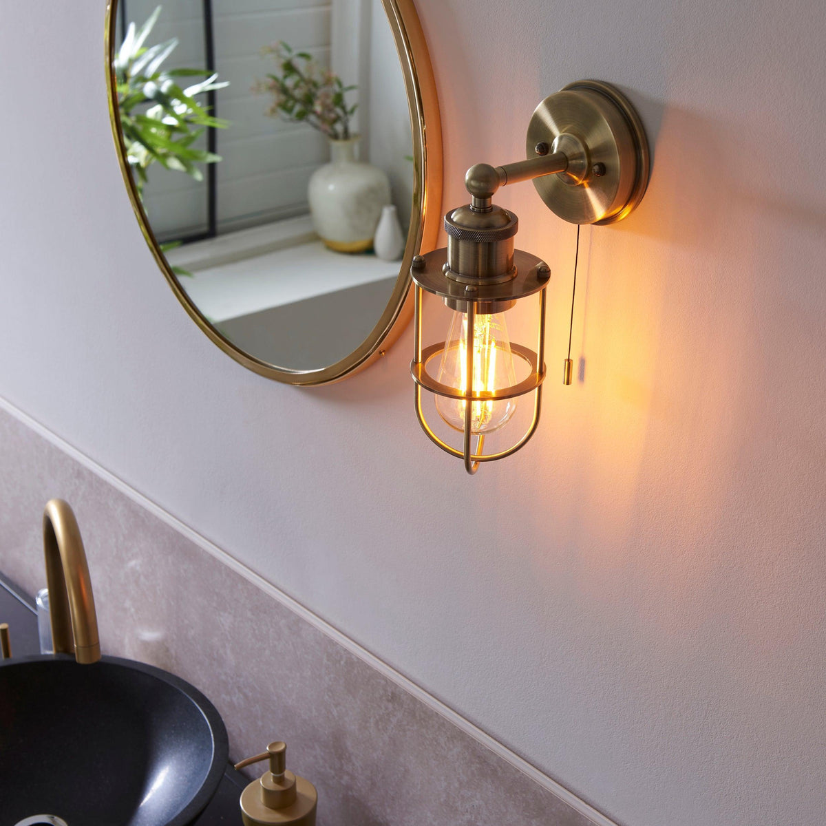 Weston Antique Brass Caged Bathroom Wall Light - Pull Cord-warehouse-180926
