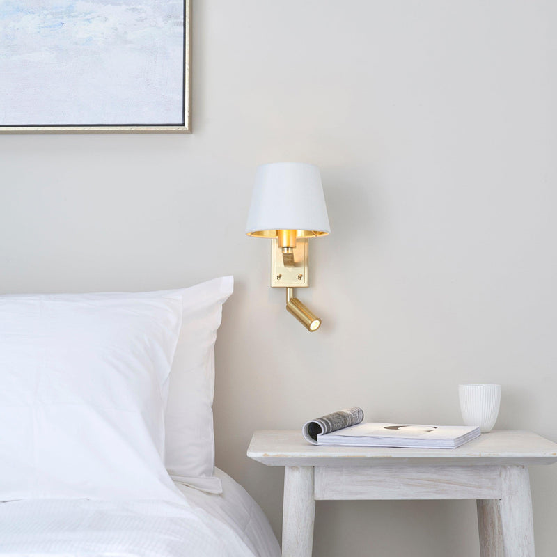 Endon Harvey 1 Light Gold Wall Light With White Shade 69092 - Bedroom above a table