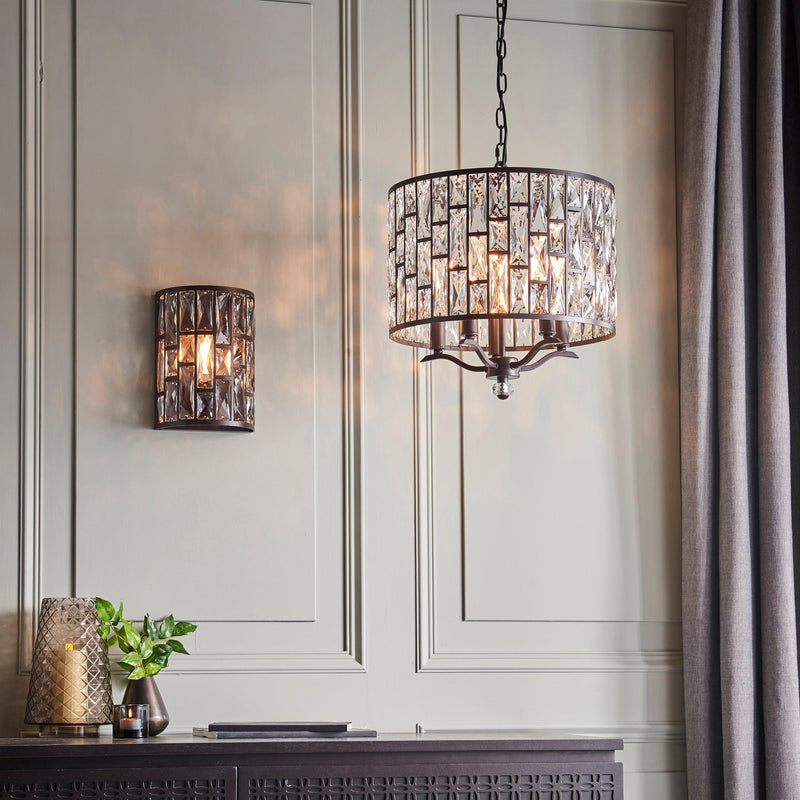 Endon Belle 1 Light Dark Bronze & Crystal Wall Light 69392 - Living Room wall with matching ceiling pendant