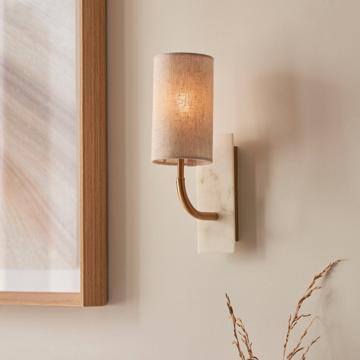Living Lights Brass & White Marble Curved Arm Wall Light-OB-180926