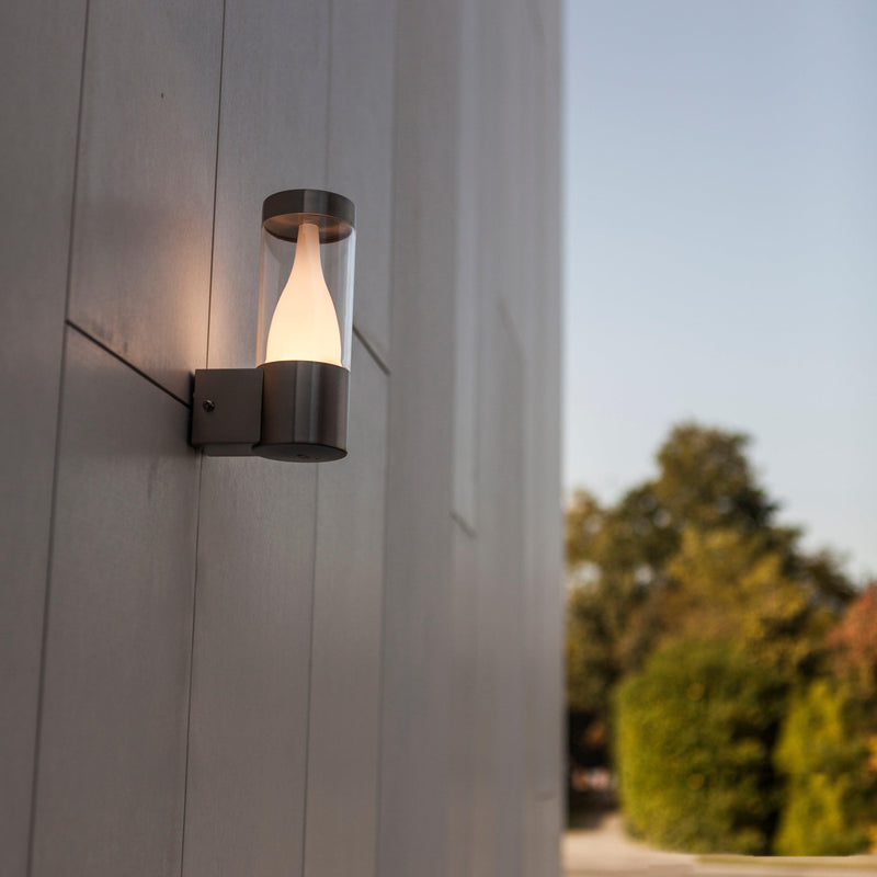 Lutec Virgo Silver LED Wall Light In Stainless Steel 5008101001 fixed to an outside wall