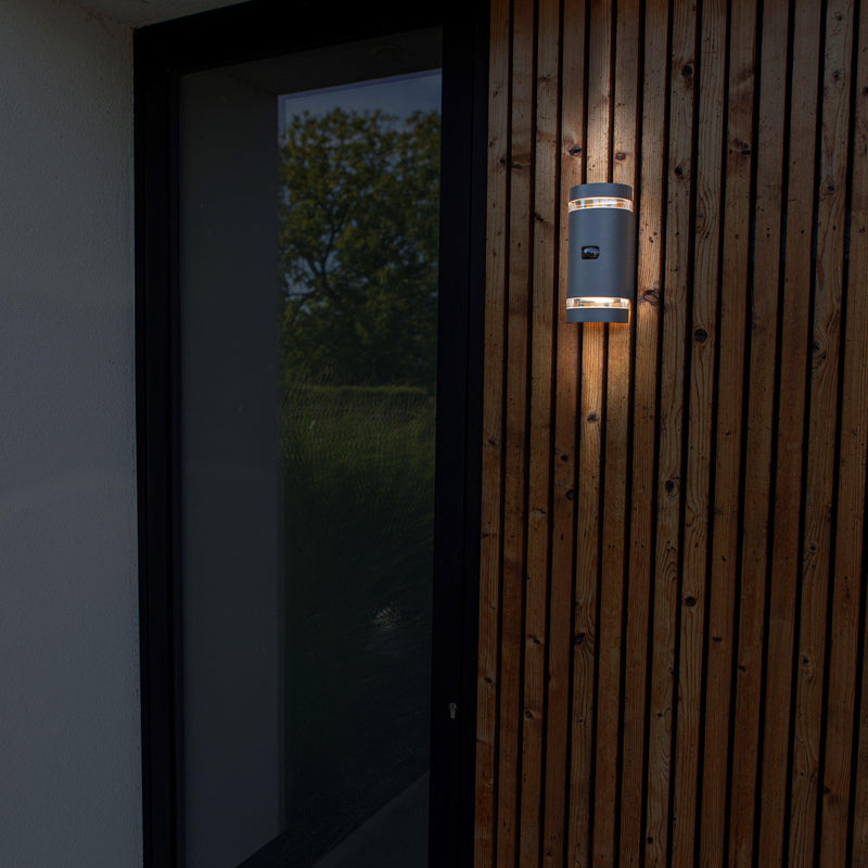 Lutec Focus Grey Outdoor Up & Down Wall Light - PIR Sensor 5604014118 fixed outside next to a door