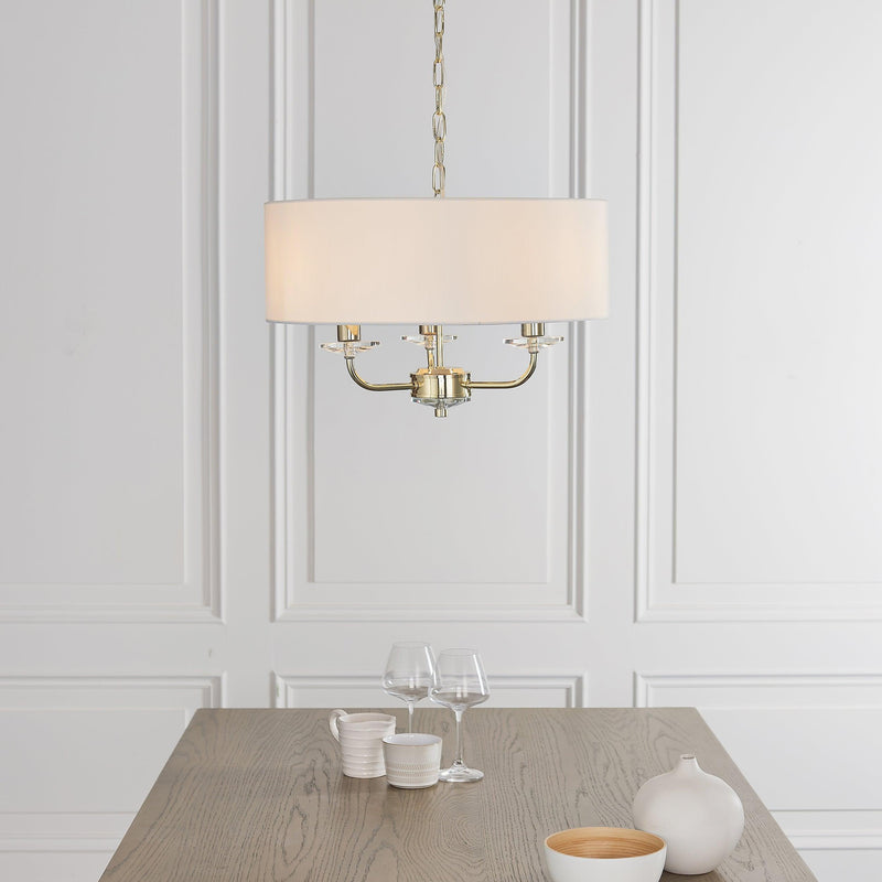 Endon Nixon 3 Light Brass & Glass Ceiling Pendant With Shade 70560 - above dining room table