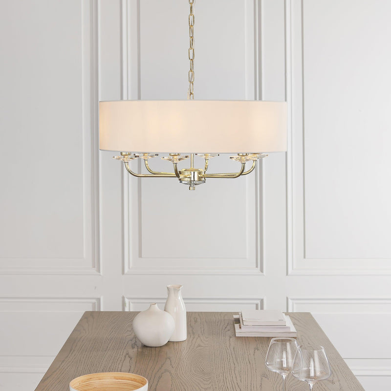 Nixon 6 Light Brass & Glass Ceiling Pendant - White Shade 70561 - Above Dining Table