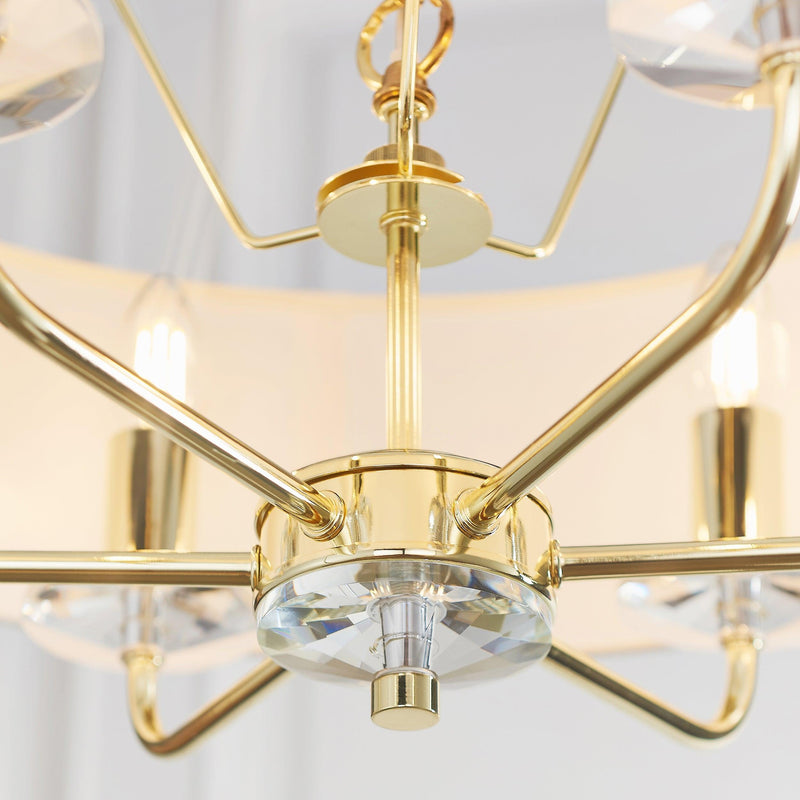 Nixon 6 Light Brass & Glass Ceiling Pendant - White Shade 70561 - Crystal & Gold Detail