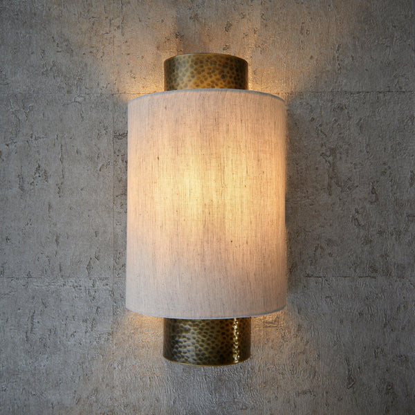 Endon Indara 1 Light Bronze Wall Light - Linen Shade - Lit and fixed to the wall