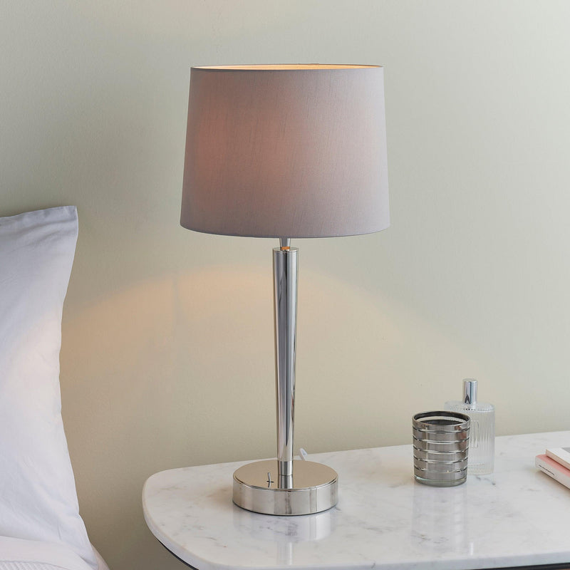 Endon Syon 1 Light Nickel Table Lamp With Mink Shade 72175 sitting on a bedside table