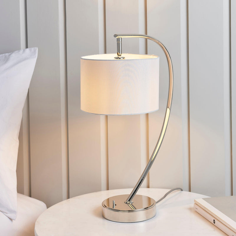 Endon Josephine 1 Light Nickel Table Lamp - White Shade 72389 - Sitting on a bedside table