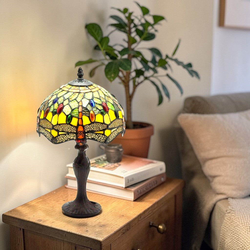 Minster Green Dragonfly Tiffany 10" Table Lamp