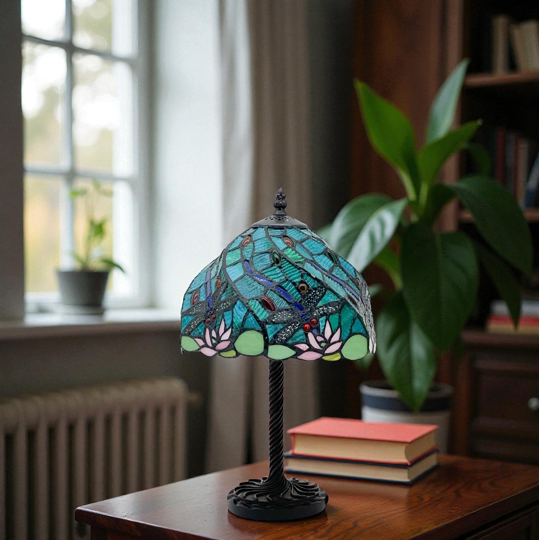 Minster 10" Blue/Green Dragonfly Tiffany Table Lamp