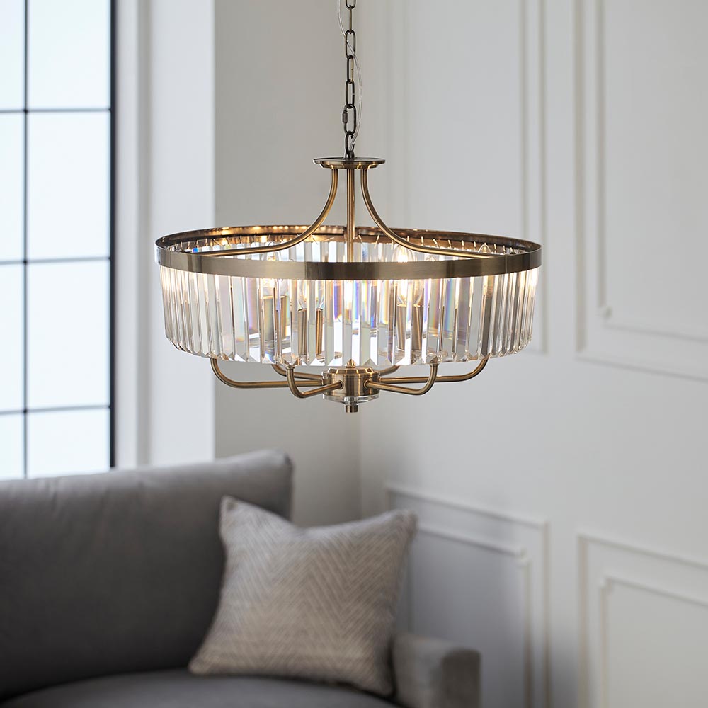 Ealing Round 6 Light Brass & Clear Cut Glass Pendant