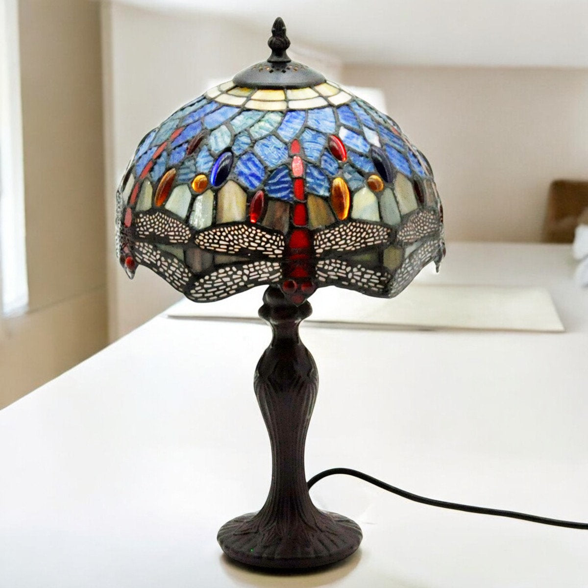 Minster Blue Dragonfly Tiffany 10" Table Lamp