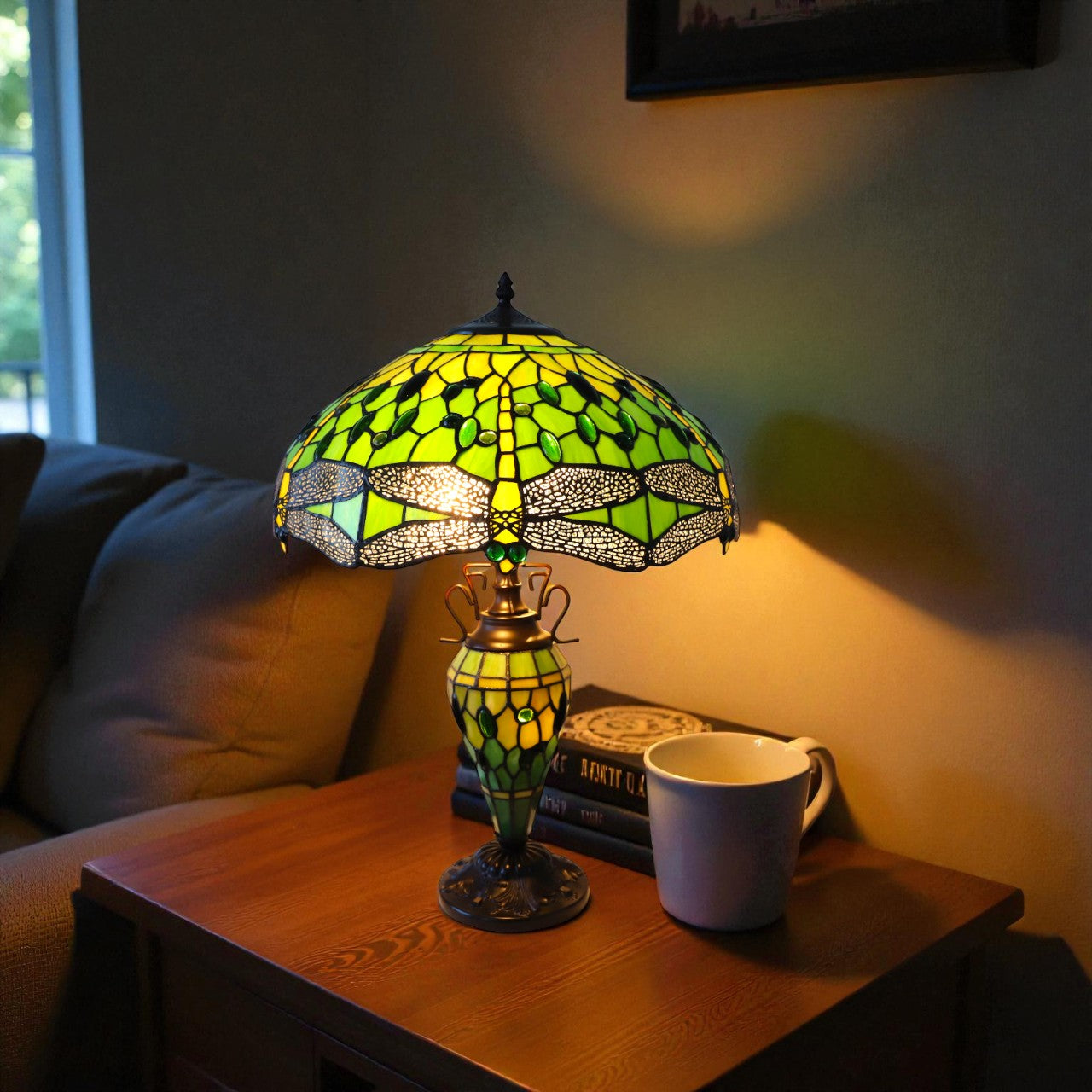 Minster Green Tiffany Double Dragonfly Table Lamp