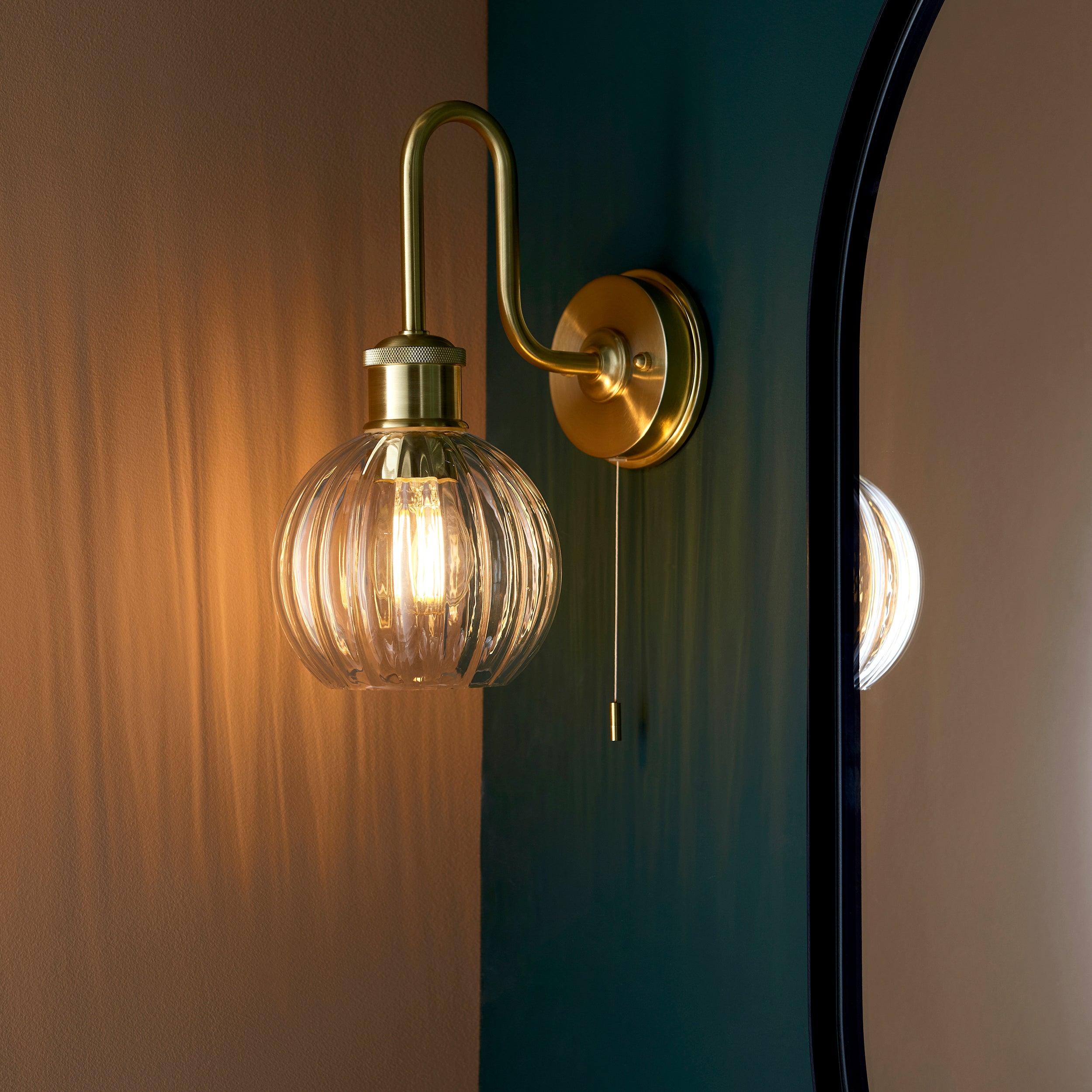 Chelsea Brass Bathroom Wall Light - Clear Ribbed Glass Shade-OPEN-BOX-BSL-270826