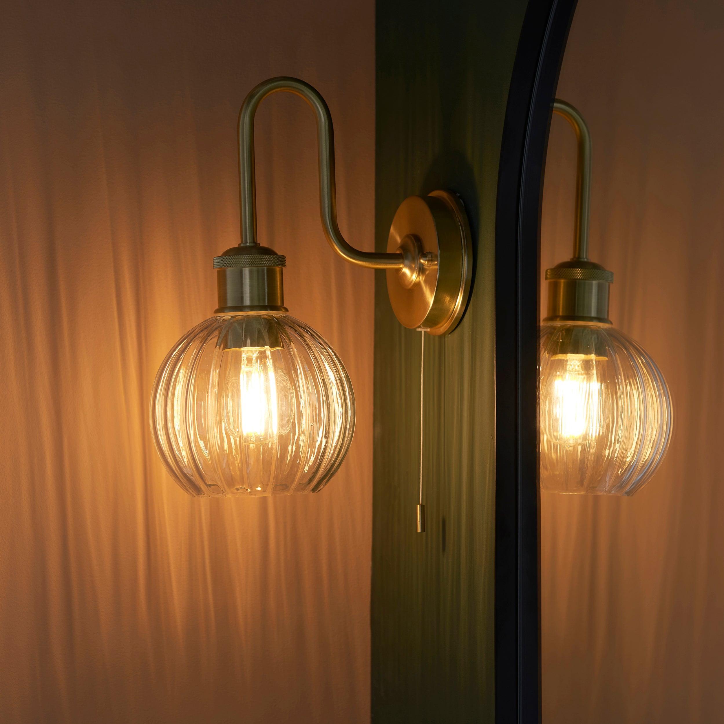 Chelsea Brass Bathroom Wall Light - Clear Ribbed Glass Shade-OPEN-BOX-BSL-270826