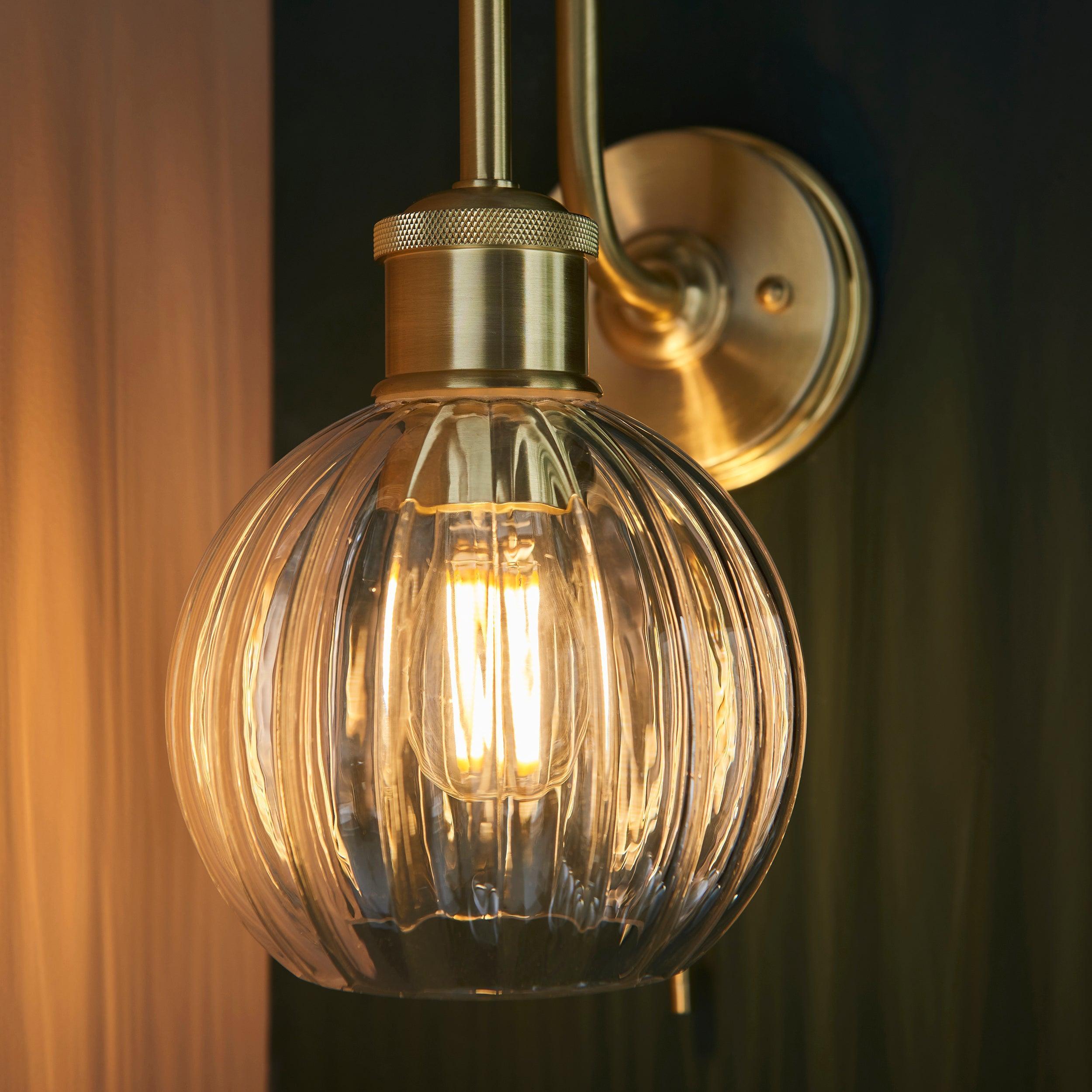 Chelsea Brass Bathroom Wall Light - Clear Ribbed Glass Shade-OPEN-BOX-BSL-270826