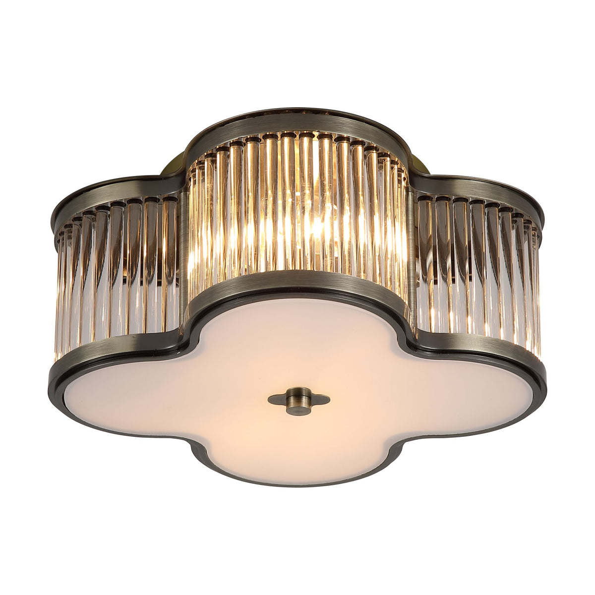 Lotus antique brass flush ceiling light lit, ribbed glass rods above a petal-shaped opal base