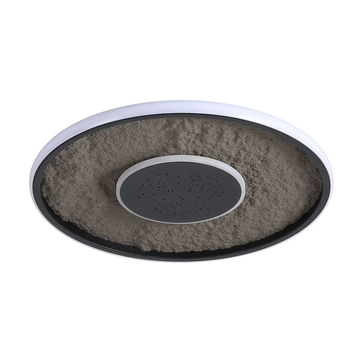 Lumadisc matt black round flush ceiling light unlit on white with a textured plaster-effect dish