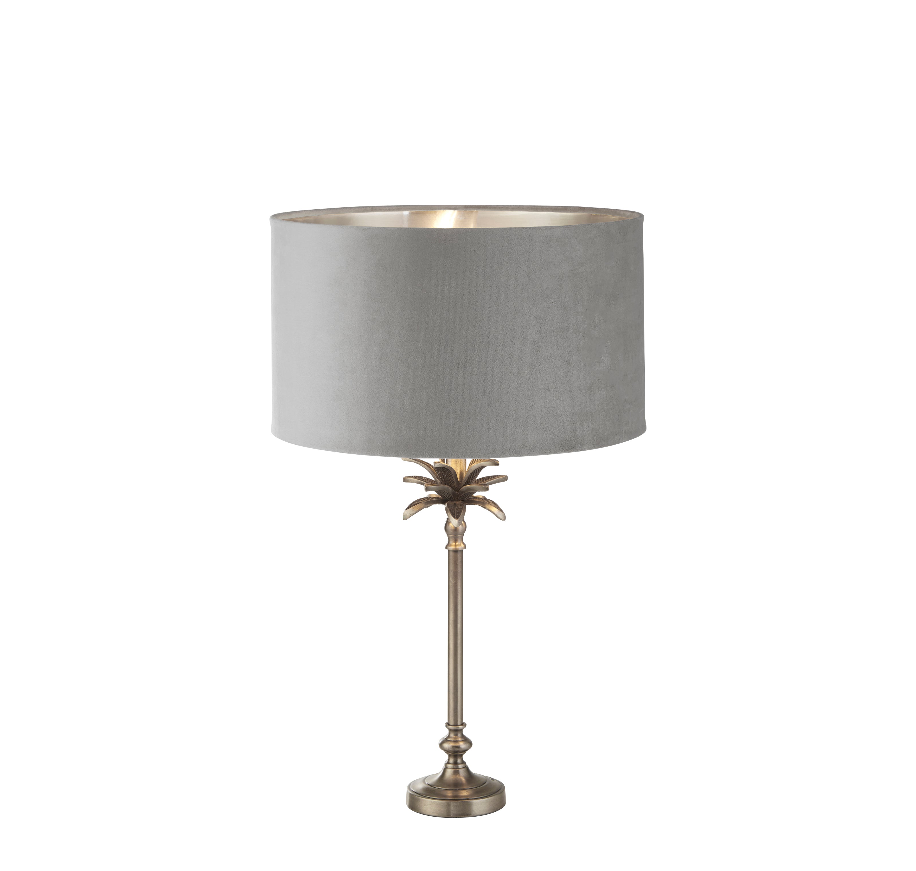 Palm Table Lamp - Antique Nickel Metal & Grey Velvet Shade