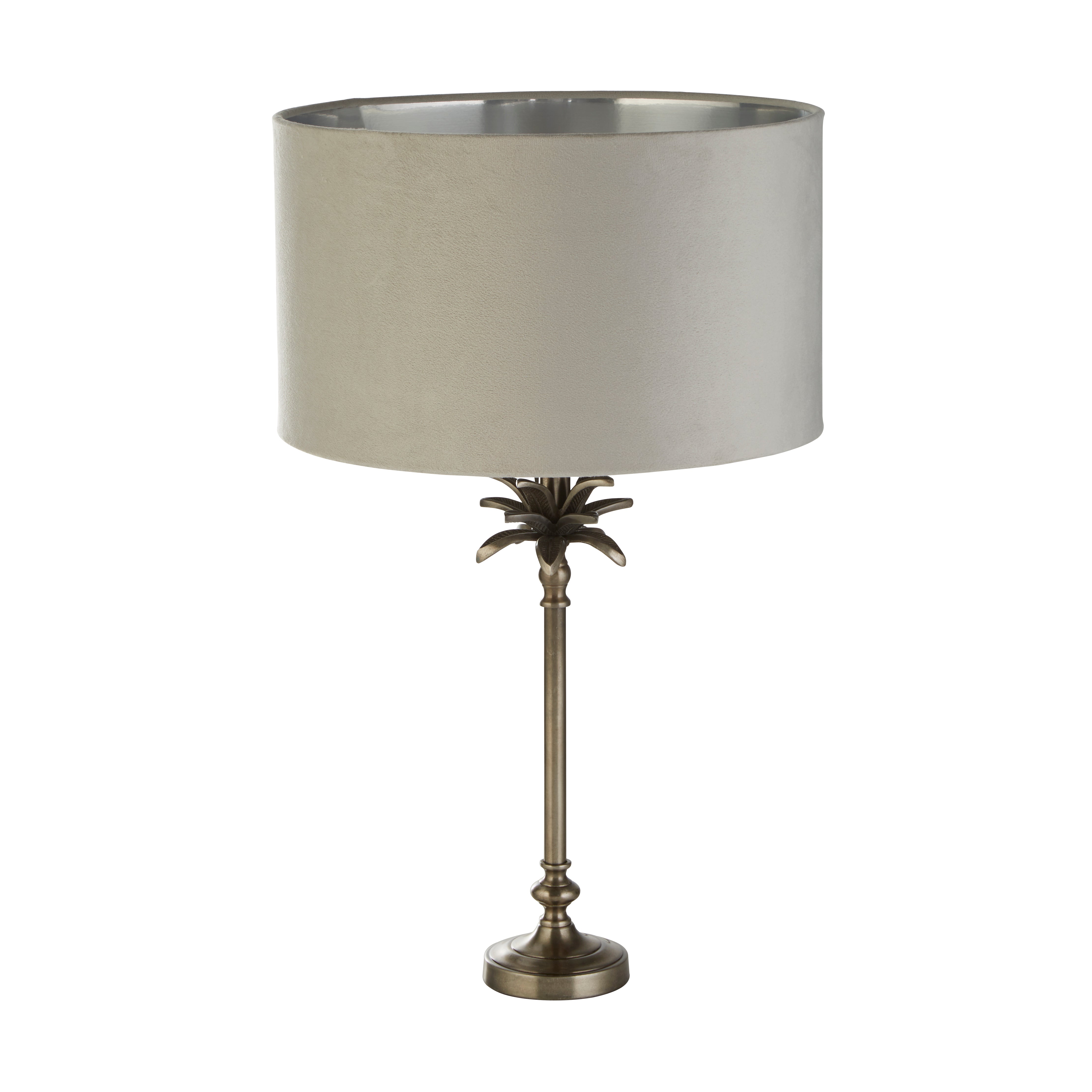 Palm Table Lamp - Antique Nickel Metal & Grey Velvet Shade