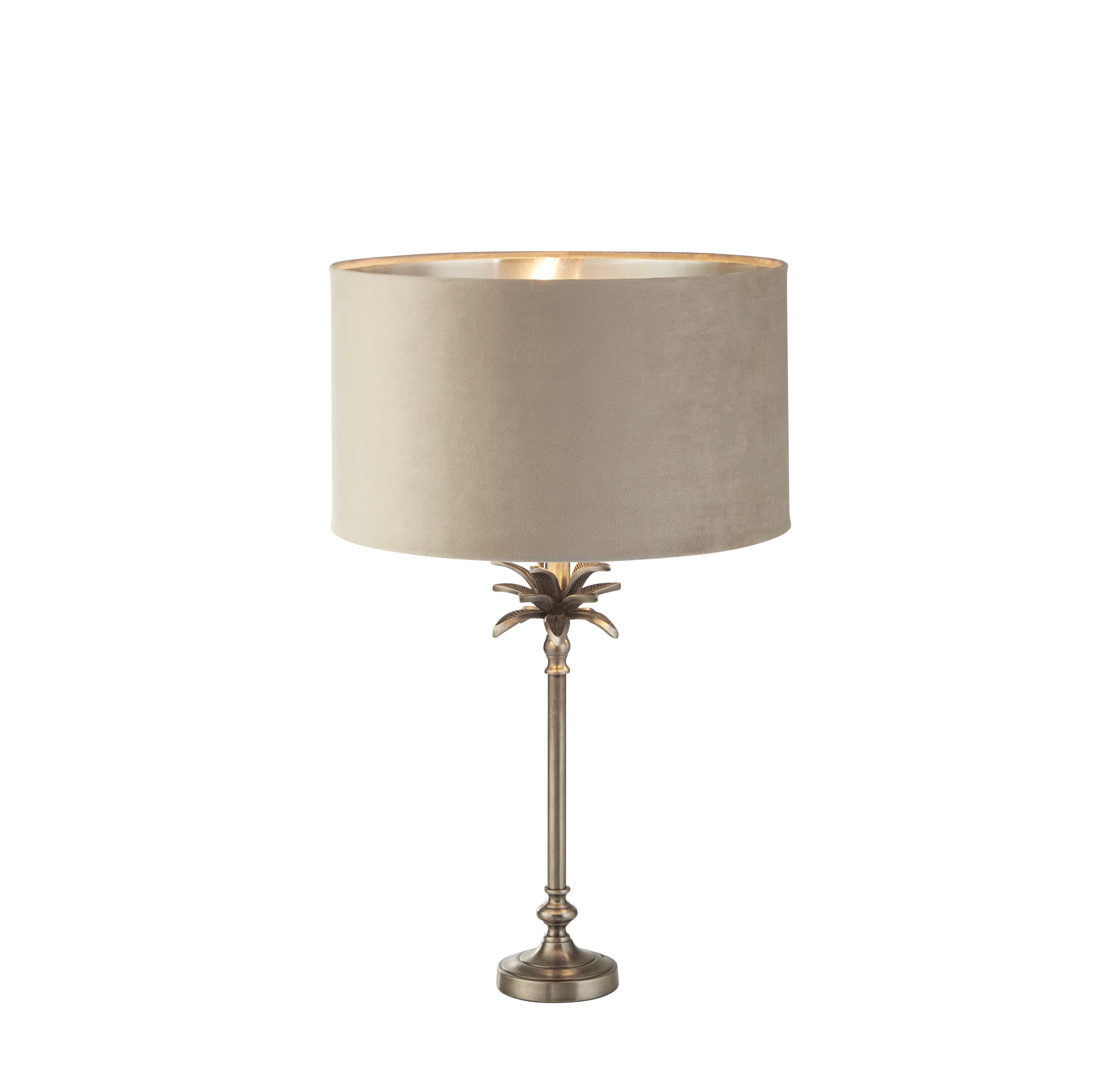 Palm Table Lamp - Antique Nickel Metal & Taupe Velvet Shade