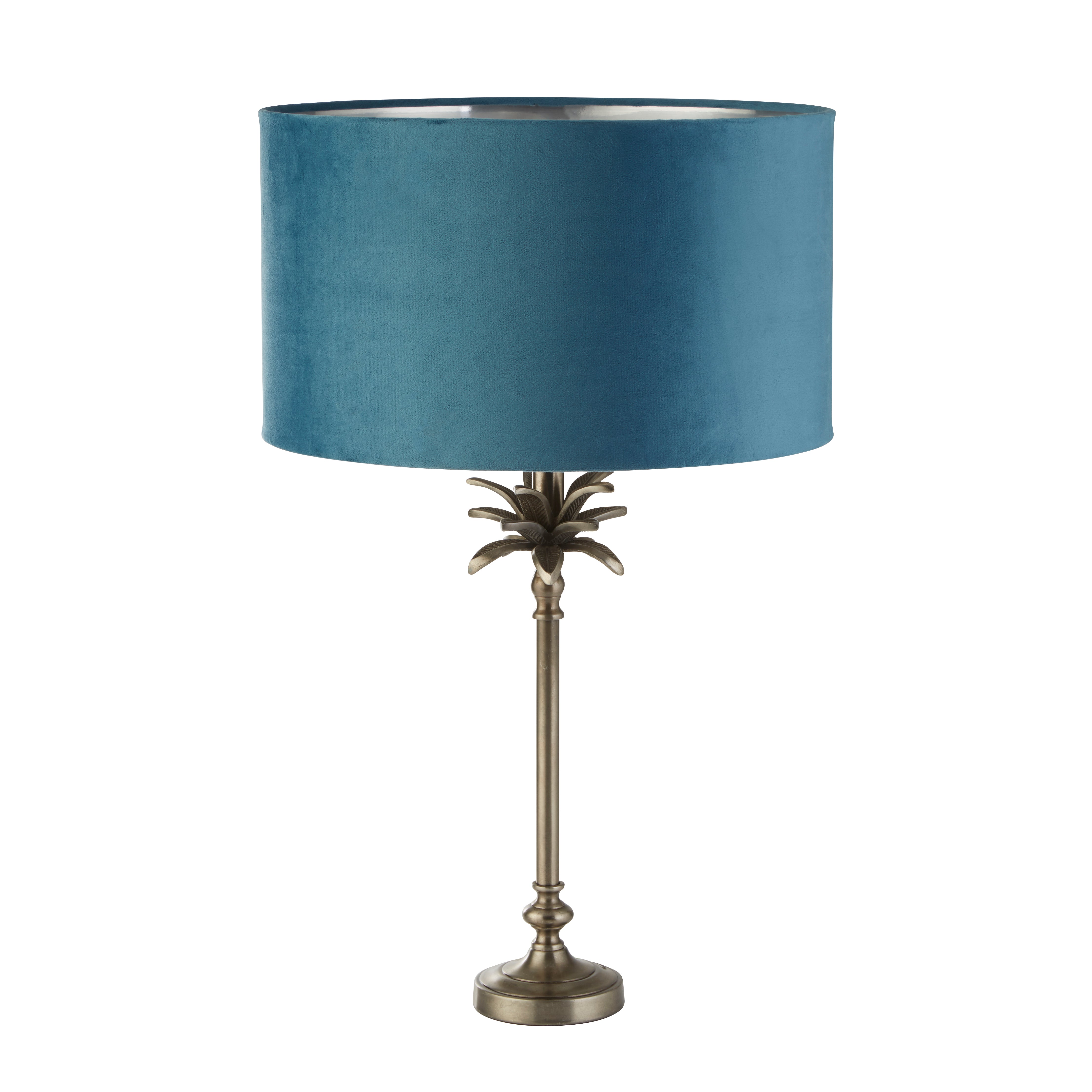 Palm Table Lamp - Antique Nickel Metal & Teal Velvet Shade