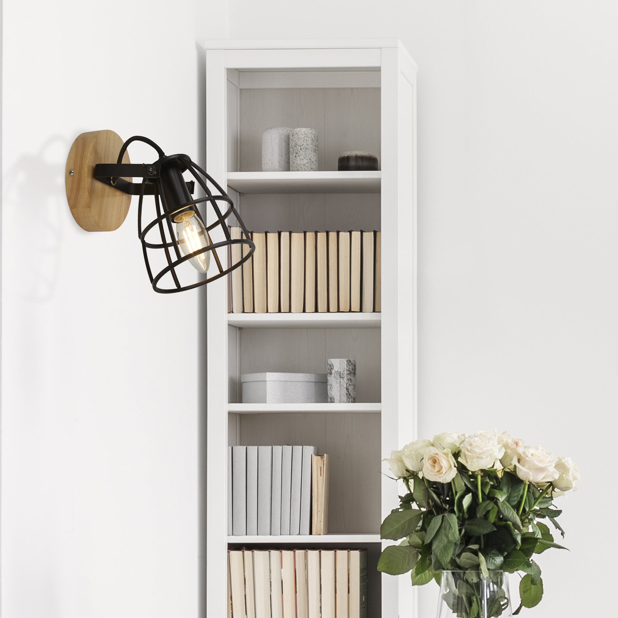 Searchlight Vision Round Black & Wood Wall Light