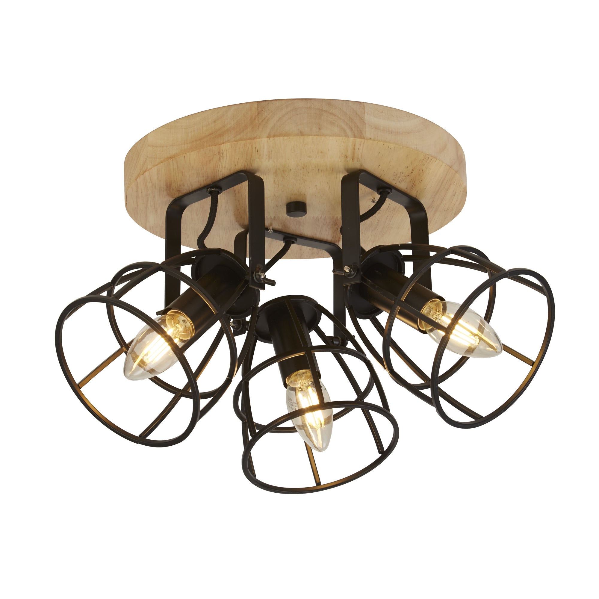 Searchlight Vision 3 Light Round Black & Wood Ceiling Light