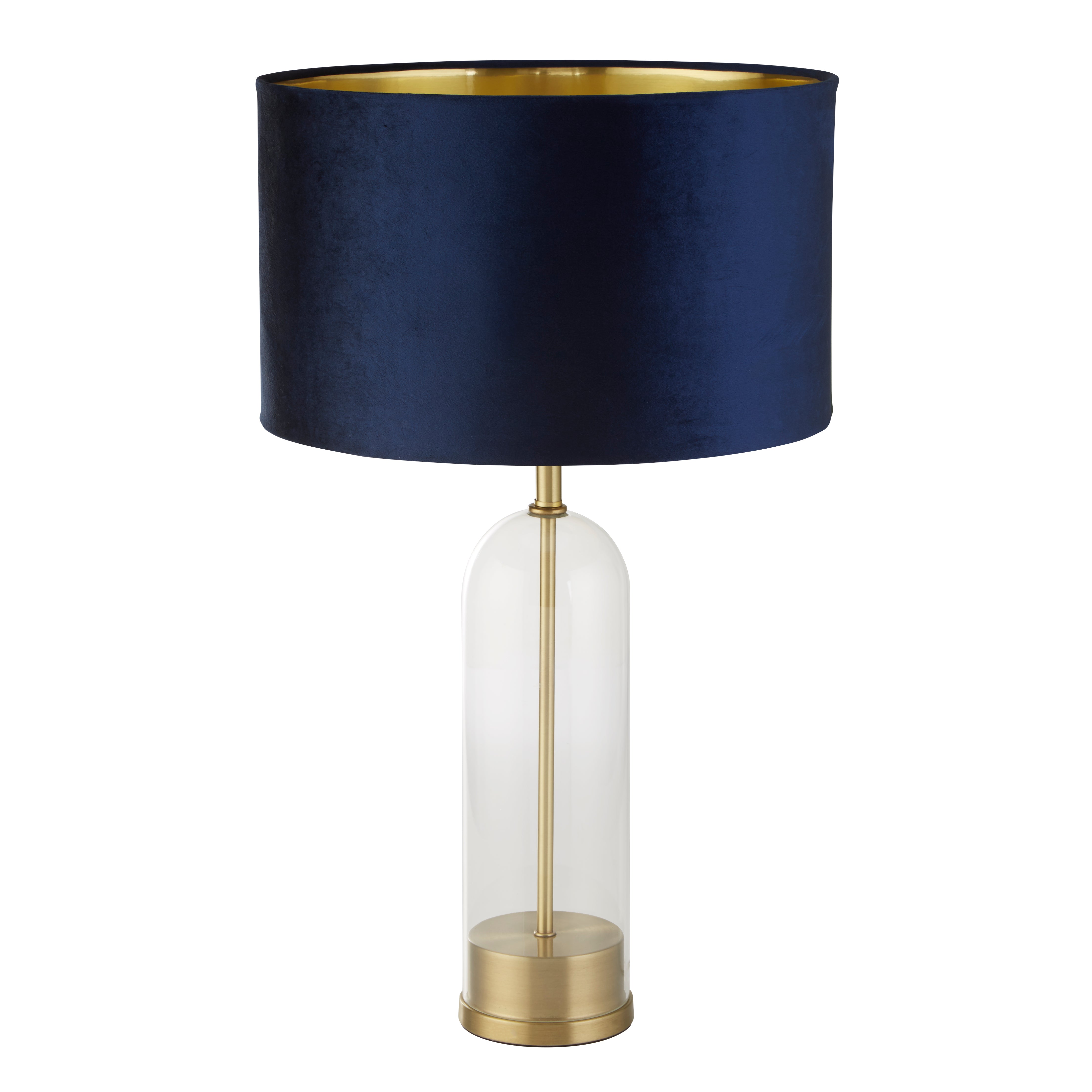 Oxford Table Lamp- Glass, Brass Metal & Navy Velvet Shade