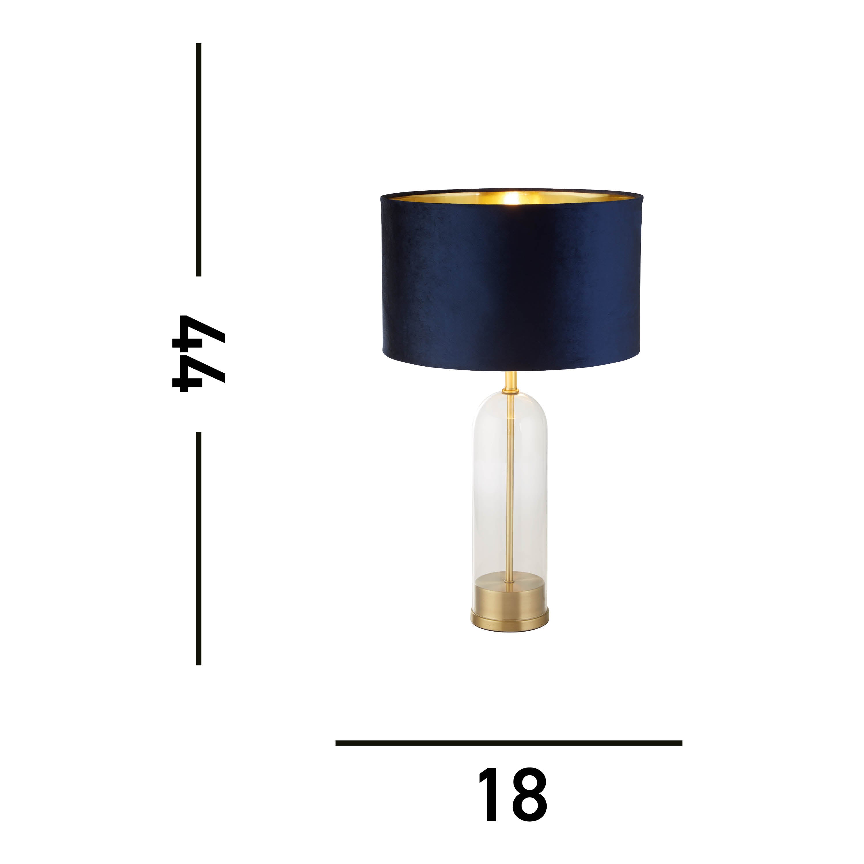 Oxford Table Lamp- Glass, Brass Metal & Navy Velvet Shade