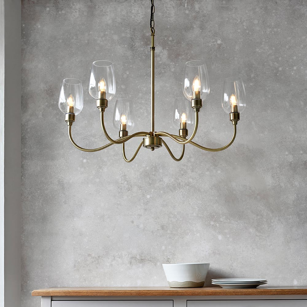 Island 6 Light Brass & Glass Shade Art Deco Pendant-OPEN-BOX-020426