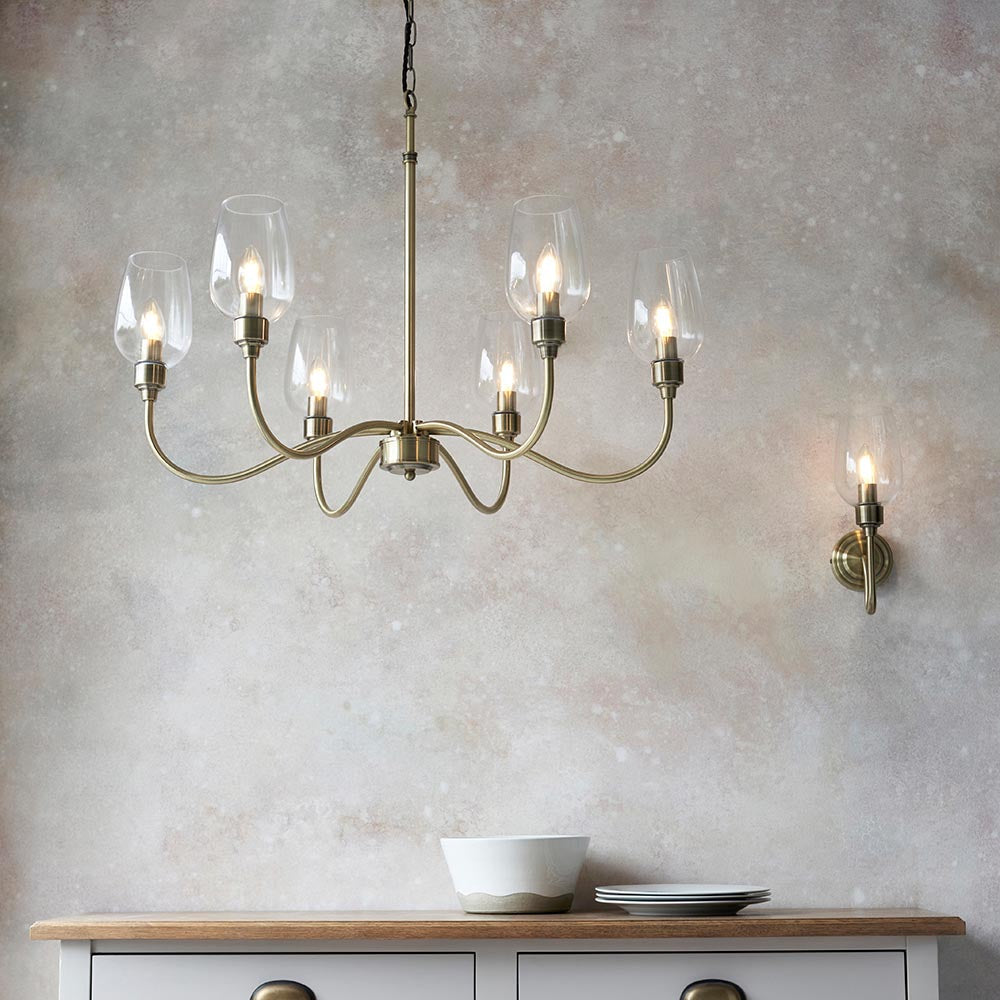 Island 6 Light Brass & Glass Shade Art Deco Pendant-OPEN-BOX-020426