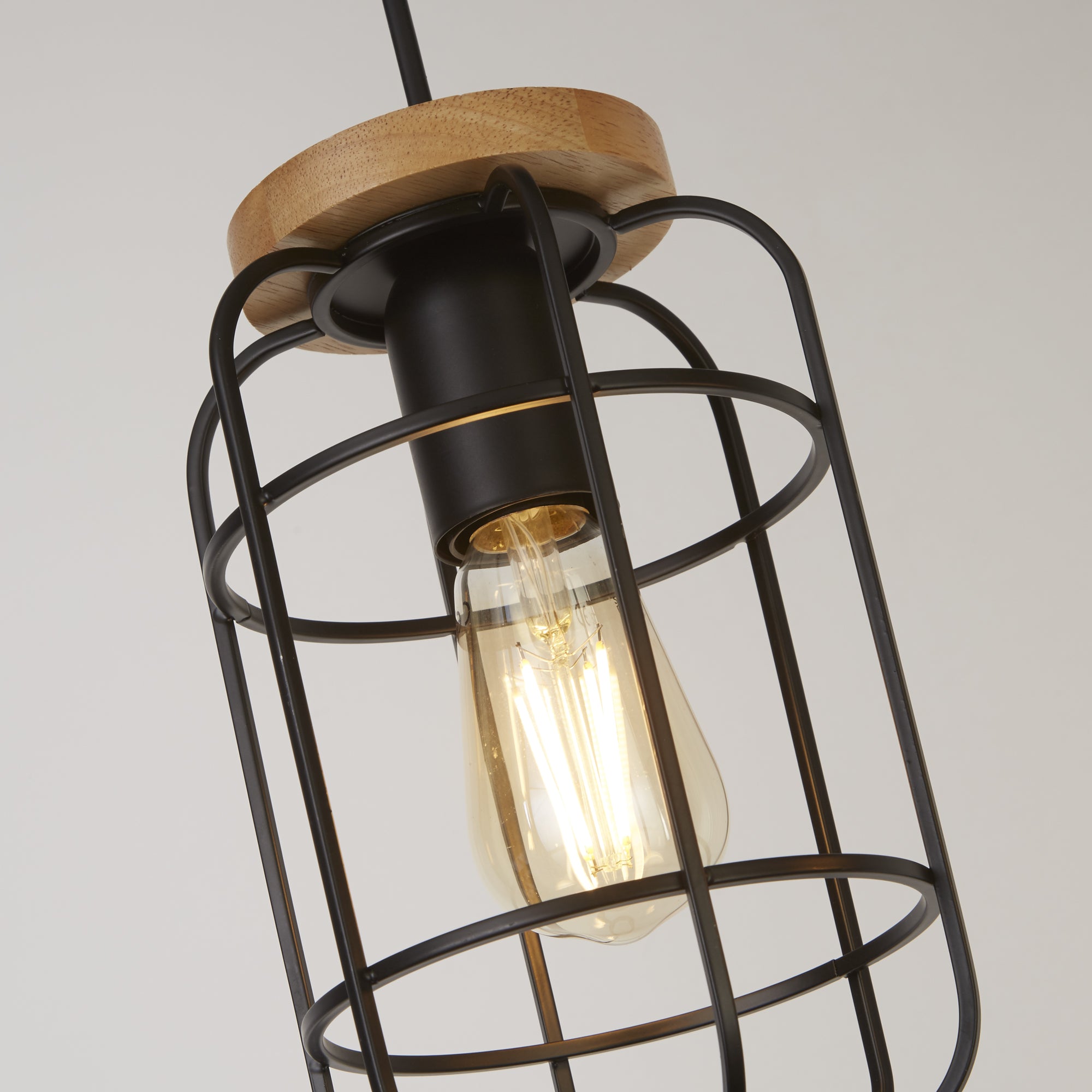 Searchlight Vision 3 Light Black & Wood Cage Pendant