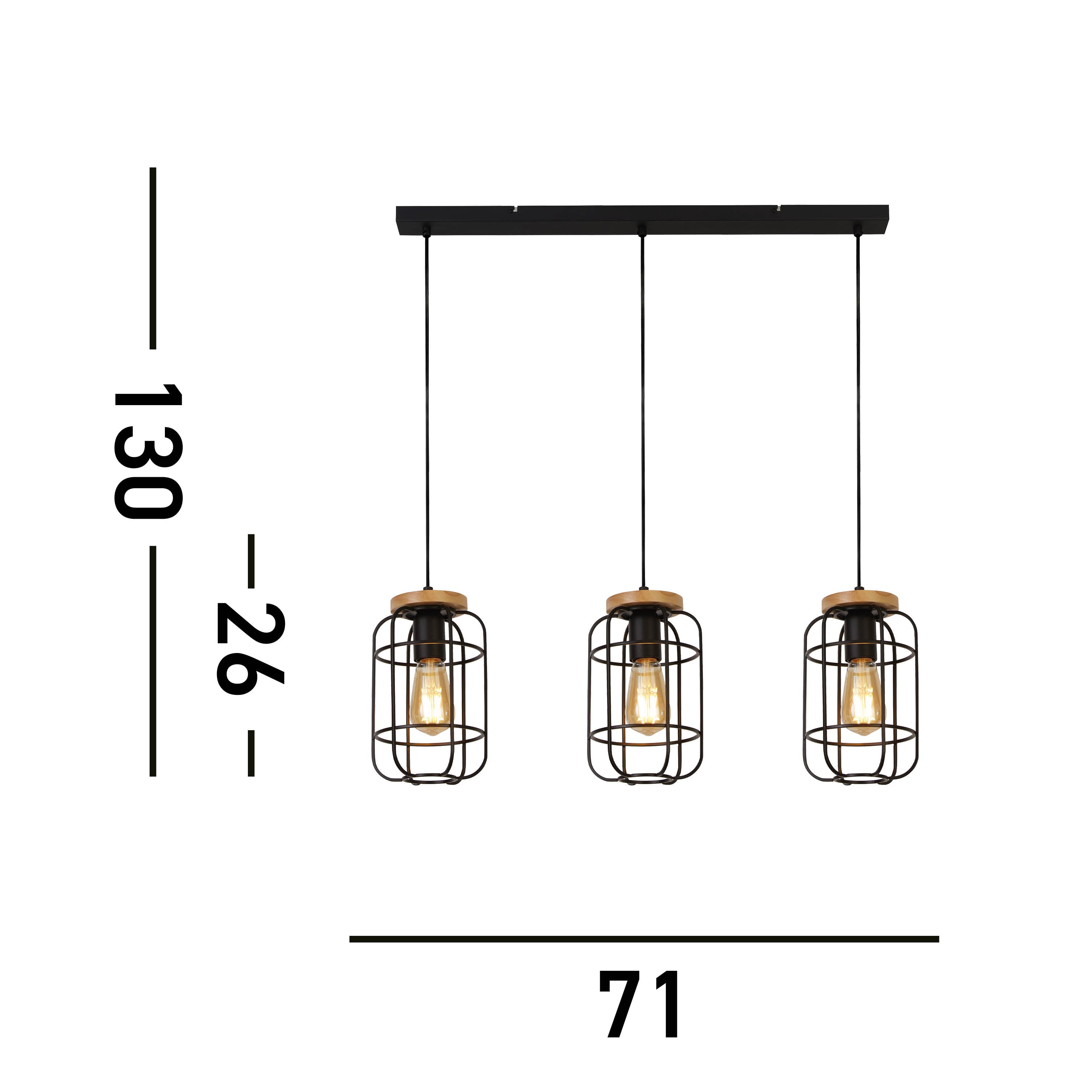 Searchlight Vision 3 Light Black & Wood Cage Pendant