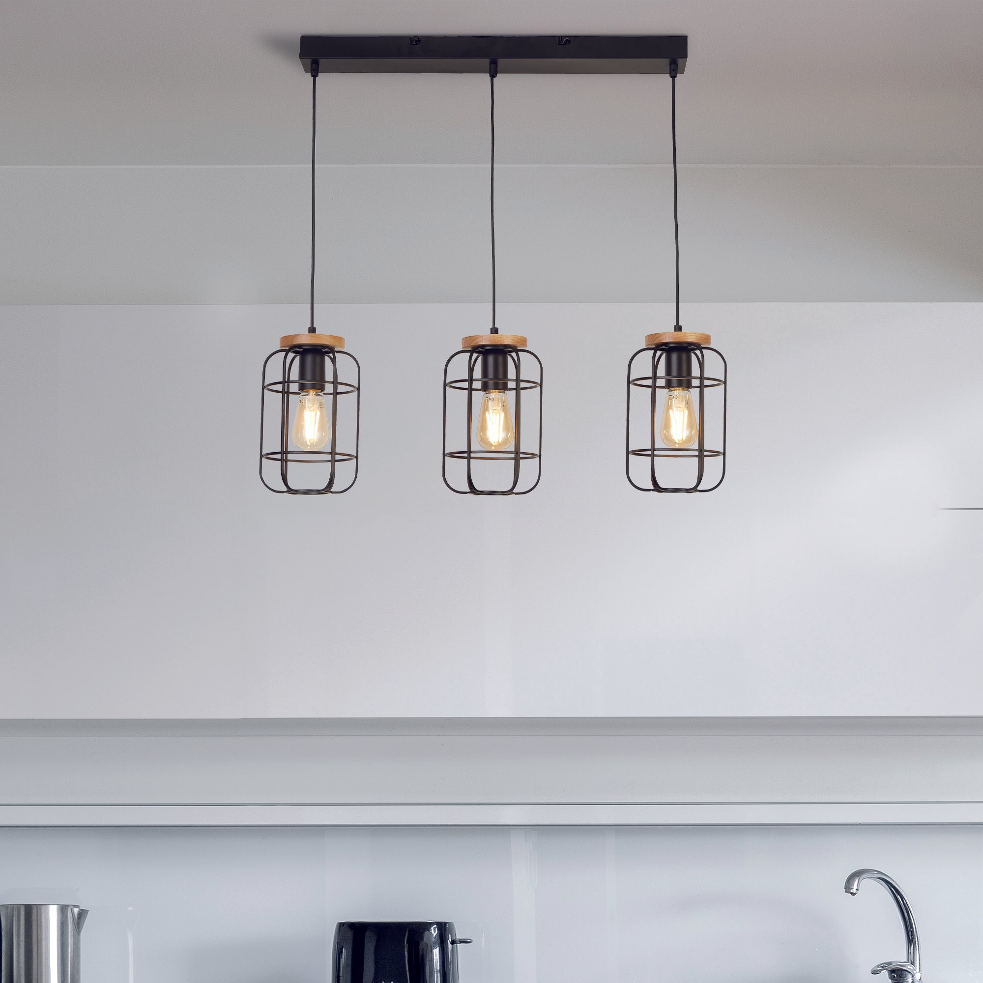 Searchlight Vision 3 Light Black & Wood Cage Pendant