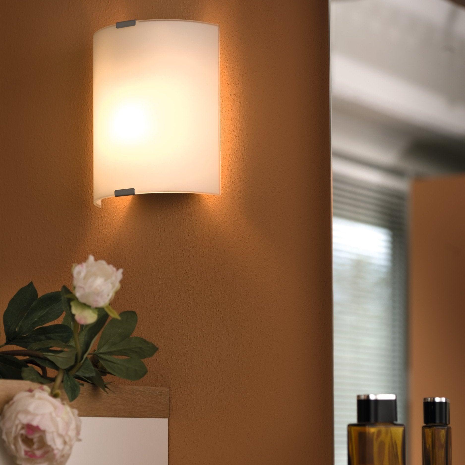 eglo grafik curved satin glass wall light living room close up