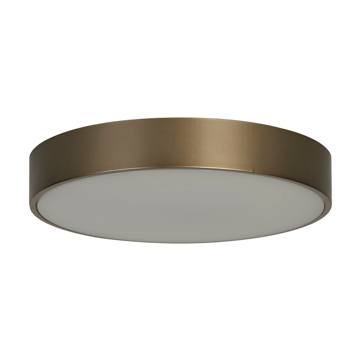 Palma bronze flush ceiling light unlit, low bronze drum with white diffuser on a white studio background