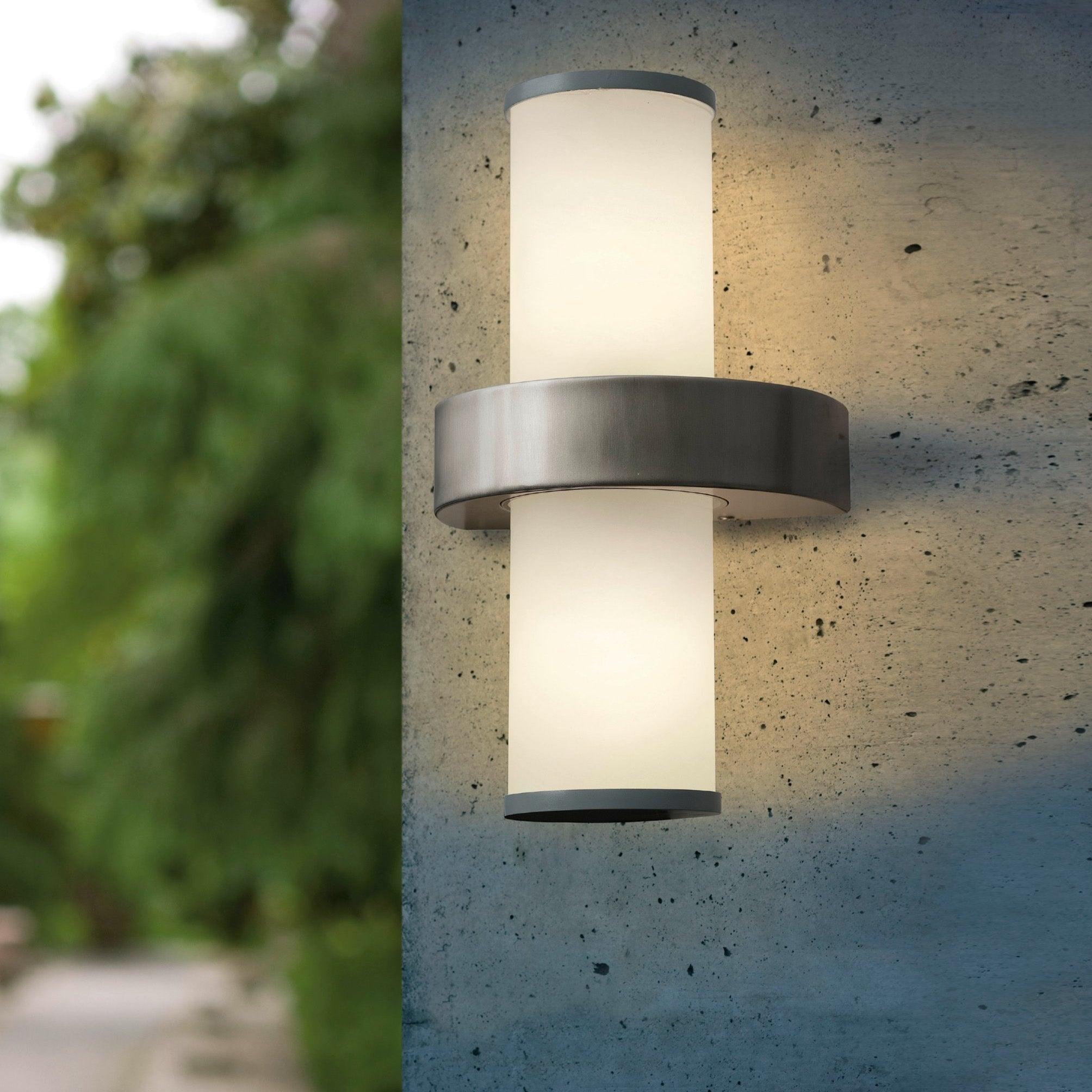 eglo beverly stainless steel white glass ip44 outdoor wall light living room close up