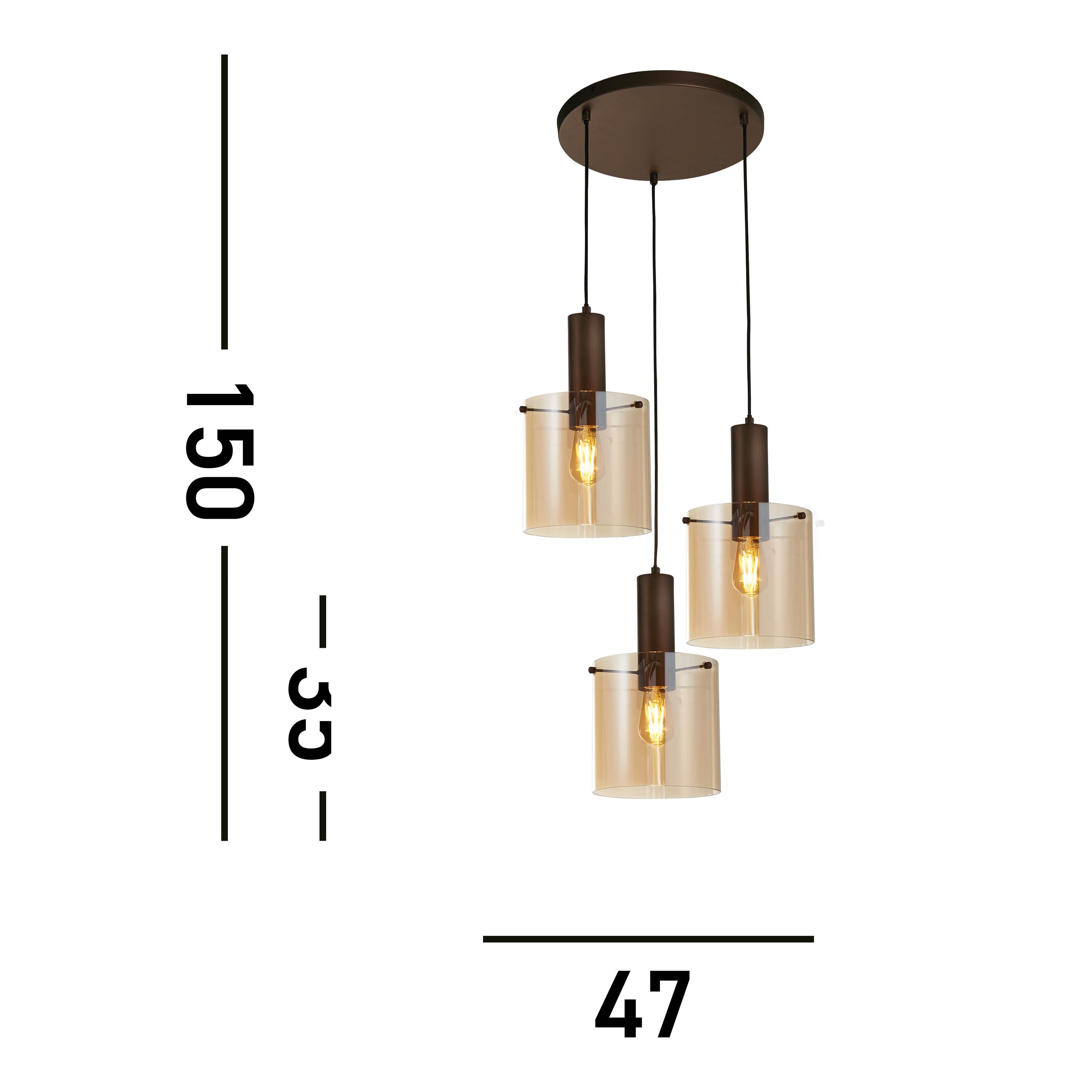Searchlight Sweden 3 Light Multi-Drop Brown Pendant - Amber Glass Shade