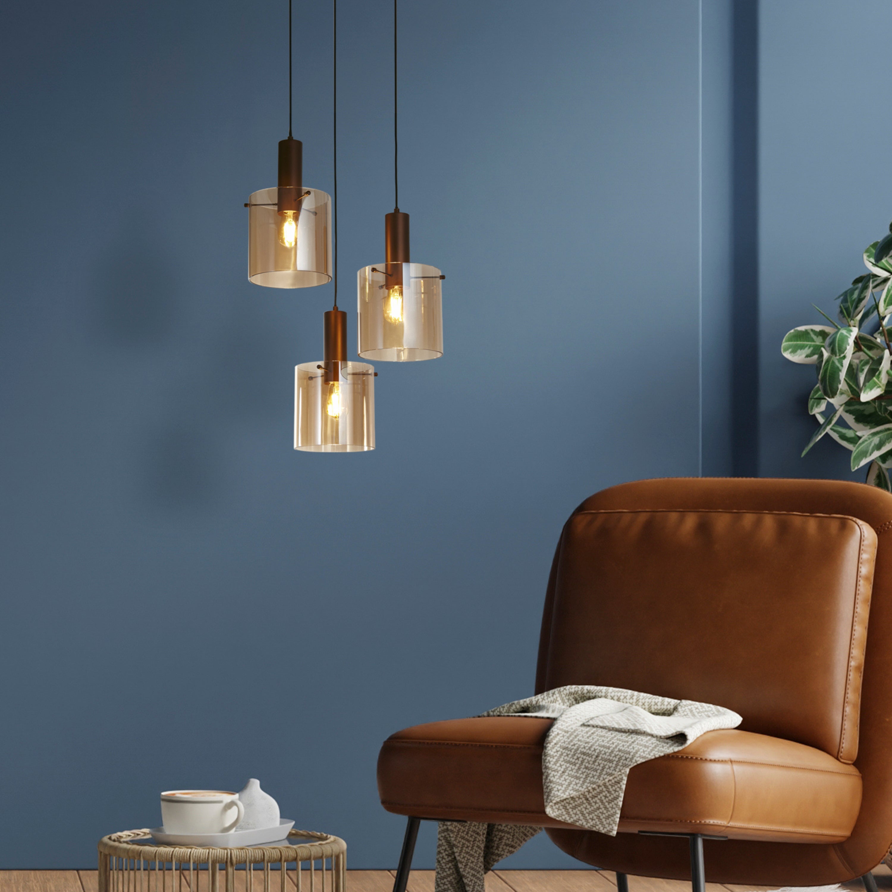 Searchlight Sweden 3 Light Multi-Drop Brown Pendant - Amber Glass Shade