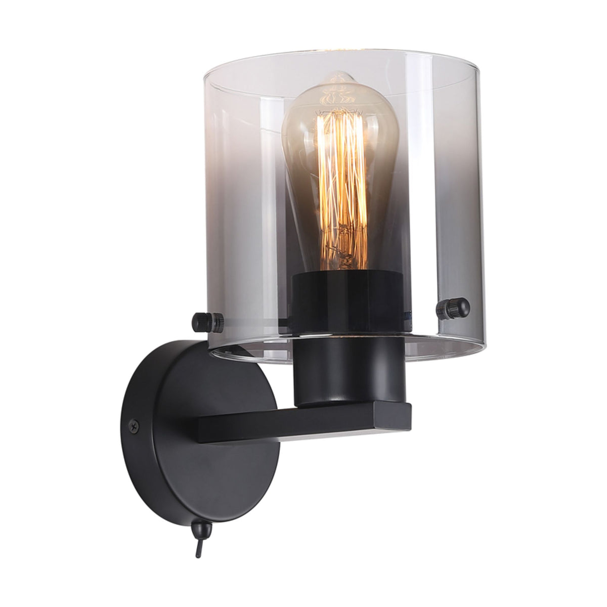 Sweden matt black wall light lit with smoked glass cylinder shade and vintage filament bulb
