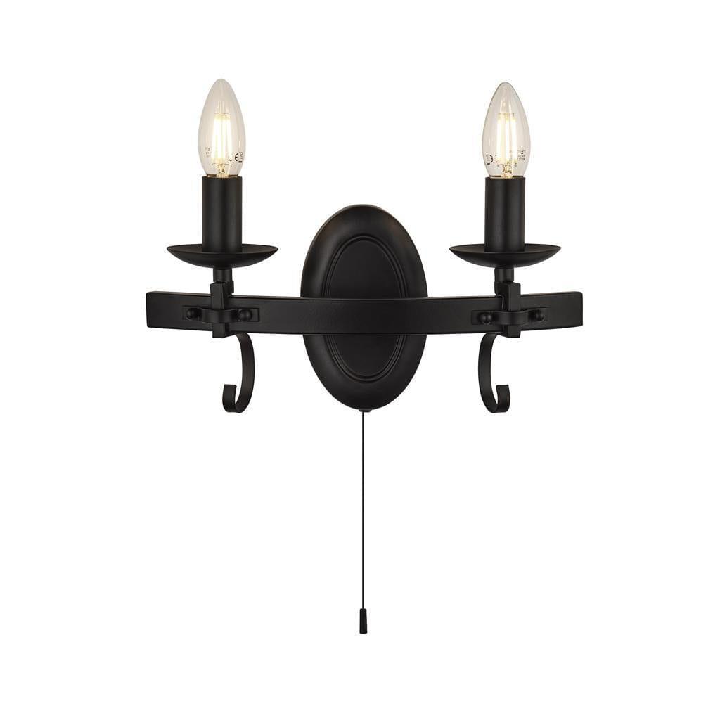 Cartwheel III Black Wrought Iron Wall Light - Cord Pull-clearance