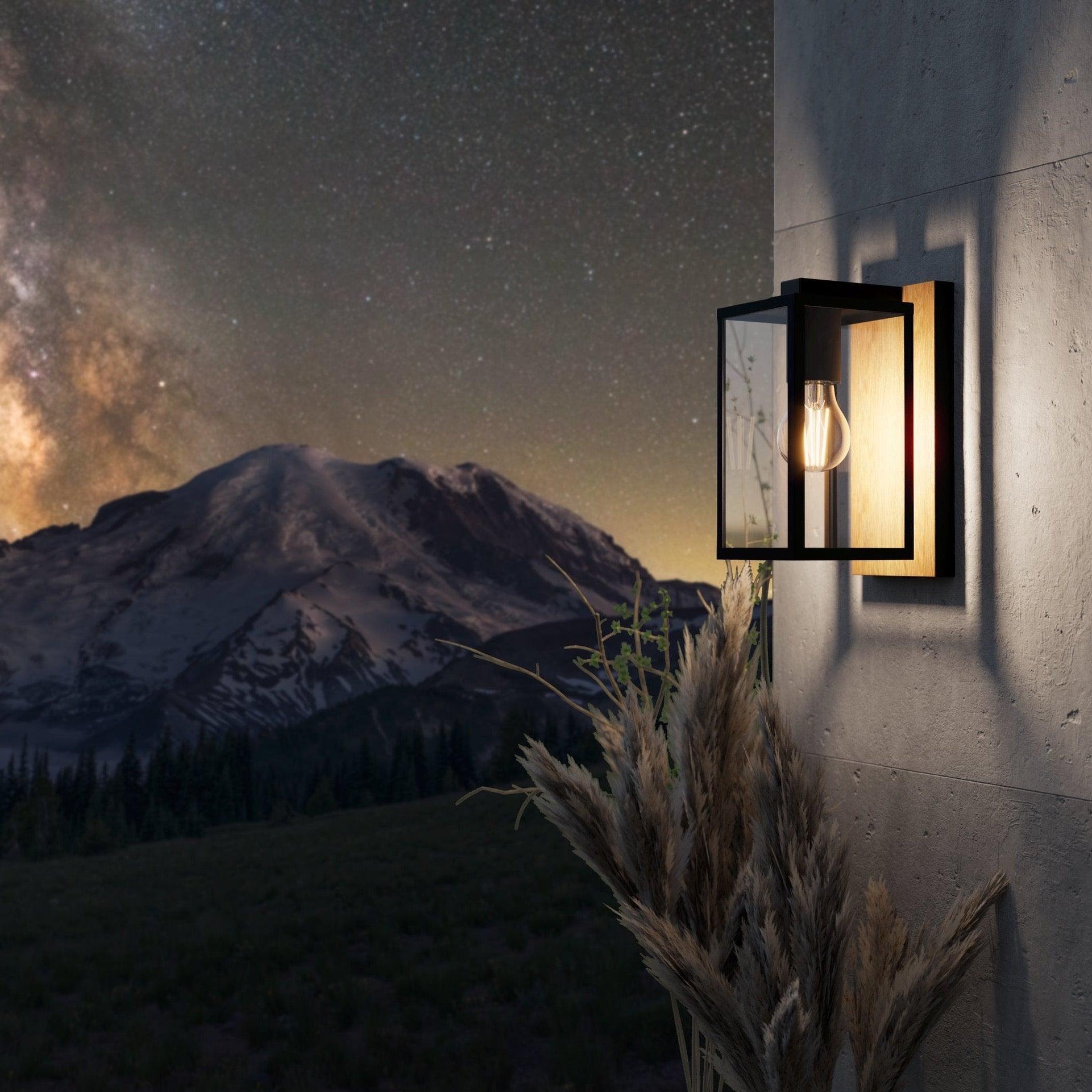 eglo budrone black metal wood outdoor wall light